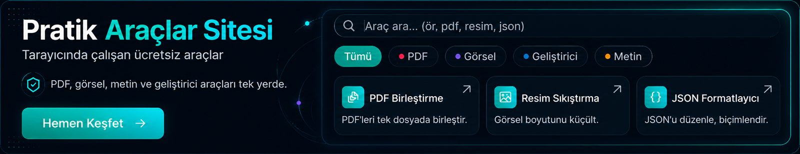 Pratik Araçlar Sitesi — tarayıcıda çalışan ücretsiz PDF, görsel, metin ve geliştirici araçları